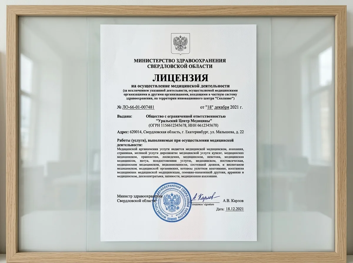Лицензия на медицинскую деятельность № ЛО-66-01-007481 — документ Министерства здравоохранения Свердловской области, крупный план, белый лист с синей печатью и подписью