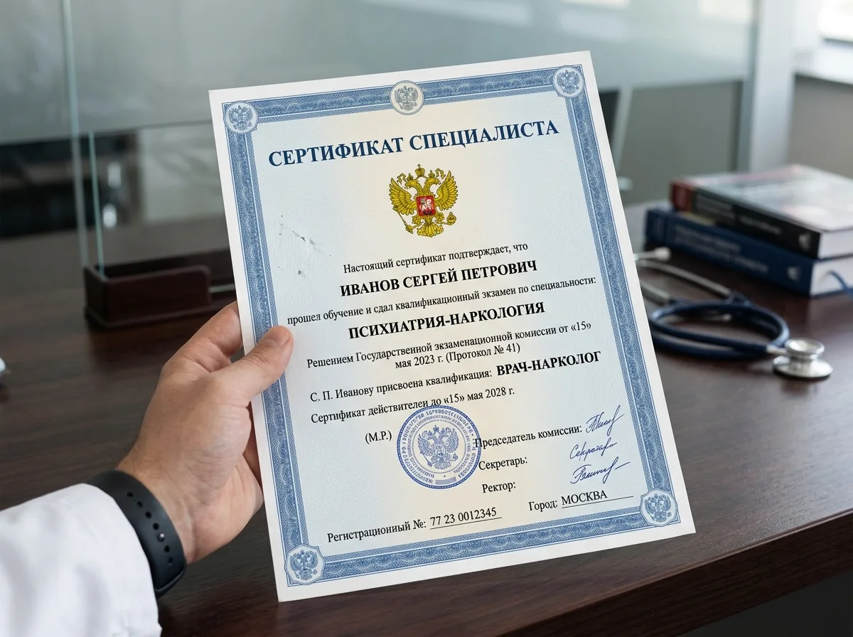 Сертификат специалиста врача-нарколога — диплом с государственным гербом, синяя рамка, профессиональное медицинское удостоверение крупным планом
